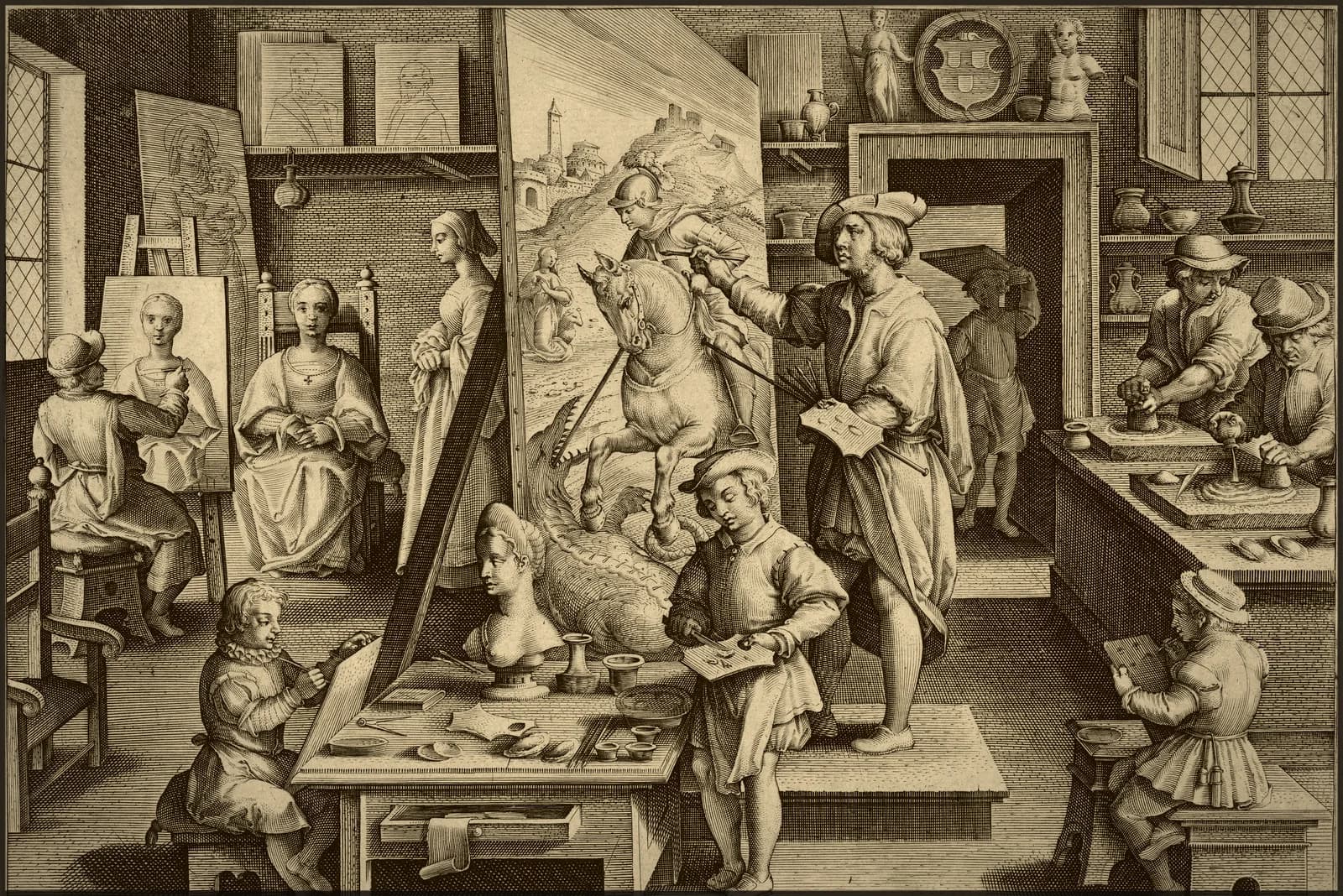 A gilt-toned engraving of a Renaissance painter's workshop: a master paints from a model while apprentices grind pigment and copy from sculpture — used here as an image of Answerline's mechanics, where every clue comes from real material.
