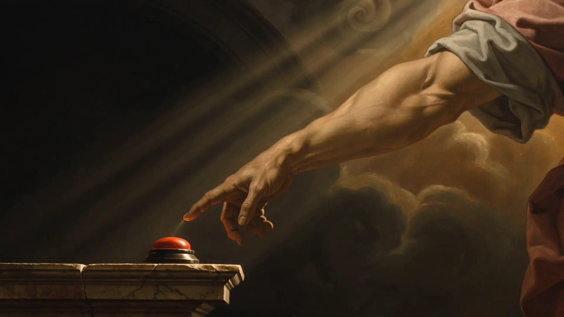 A fresco hand reaching toward a glowing quiz bowl buzzer